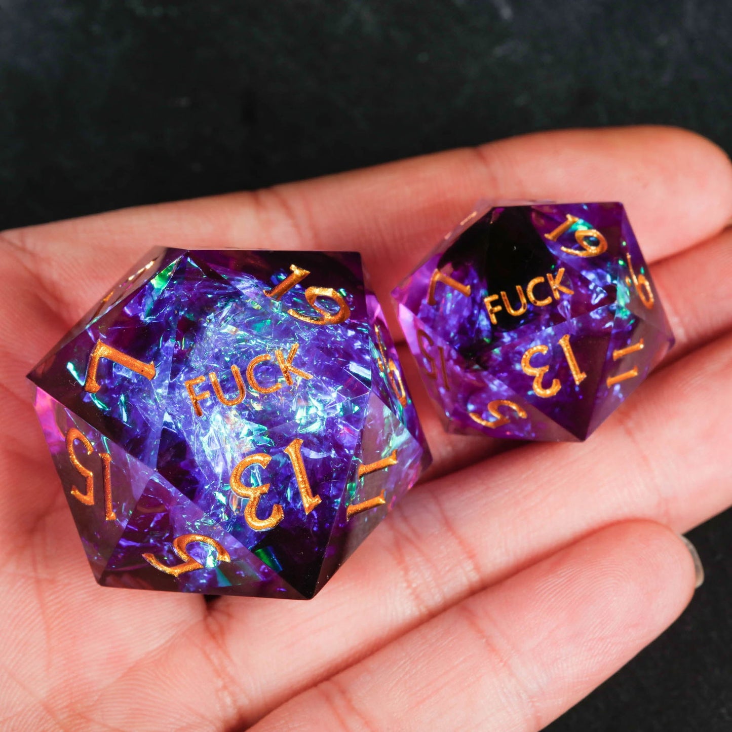 Purple Glitter Galaxy Resin  Dice YEET F*CK DnD D&D Dice Chonk D20 - CrystalMaggie