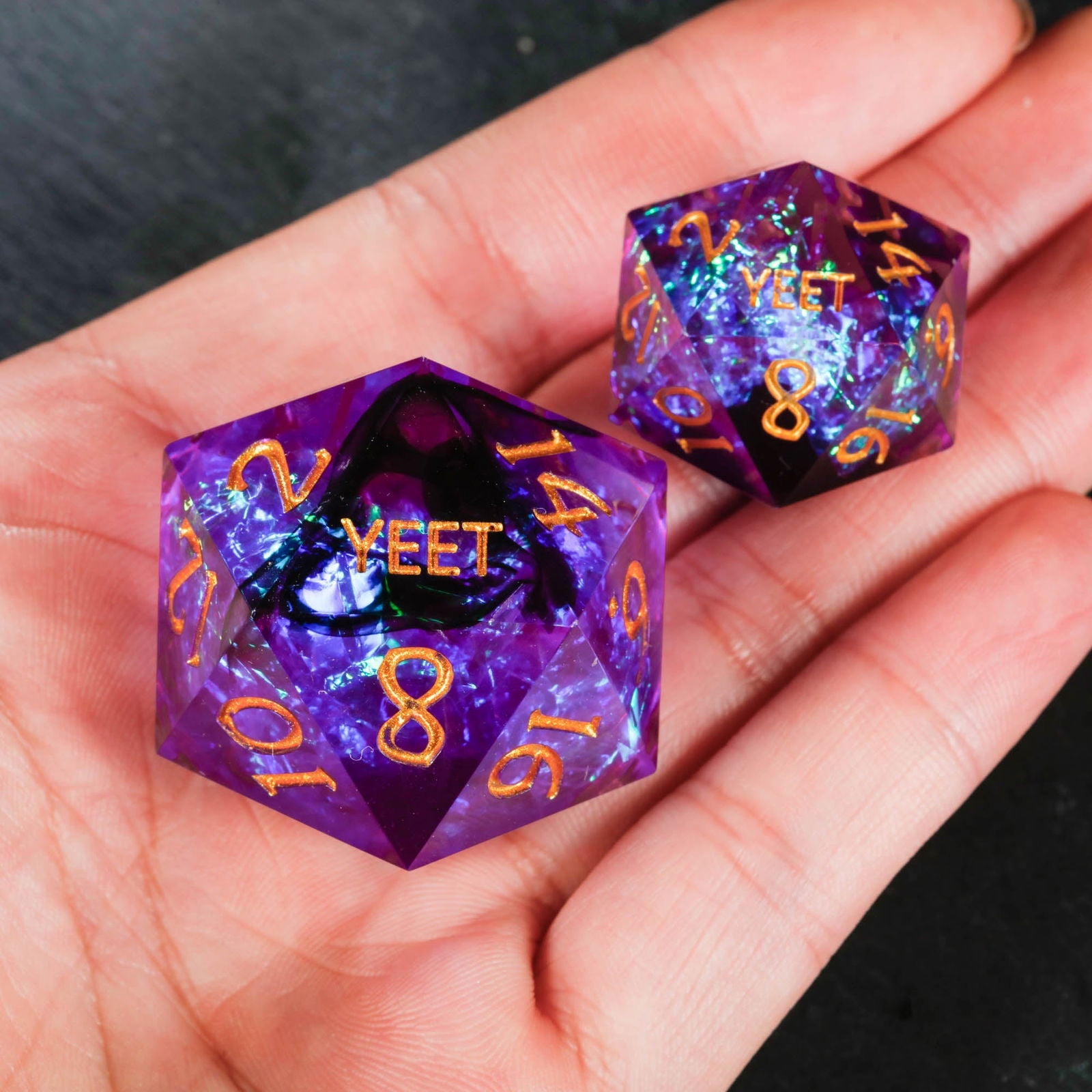 Purple Glitter Galaxy Resin  Dice YEET F*CK DnD D&D Dice Chonk D20 - CrystalMaggie