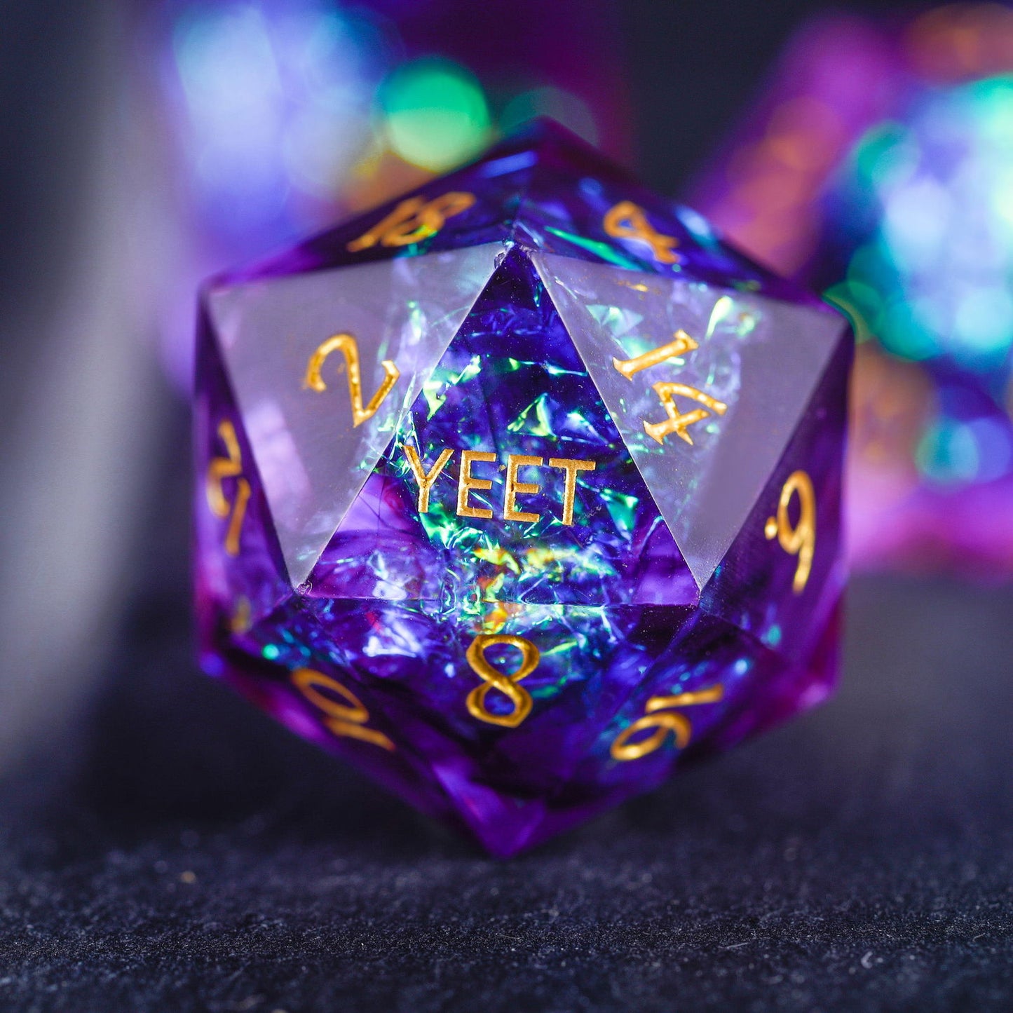 Purple Glitter Galaxy Resin  Dice YEET F*CK DnD D&D Dice Set - CrystalMaggie