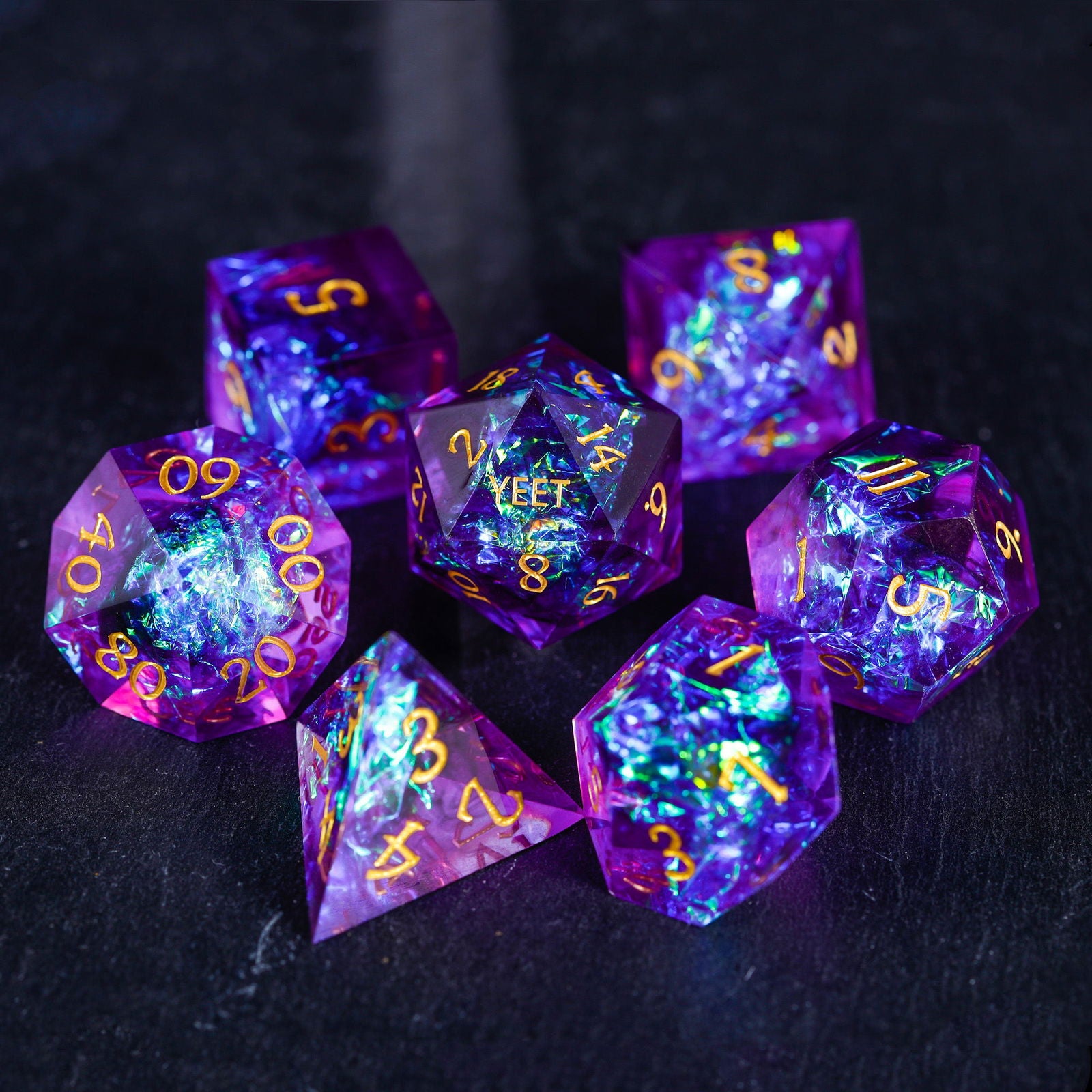 Purple Glitter Galaxy Resin  Dice YEET F*CK DnD D&D Dice Set - CrystalMaggie