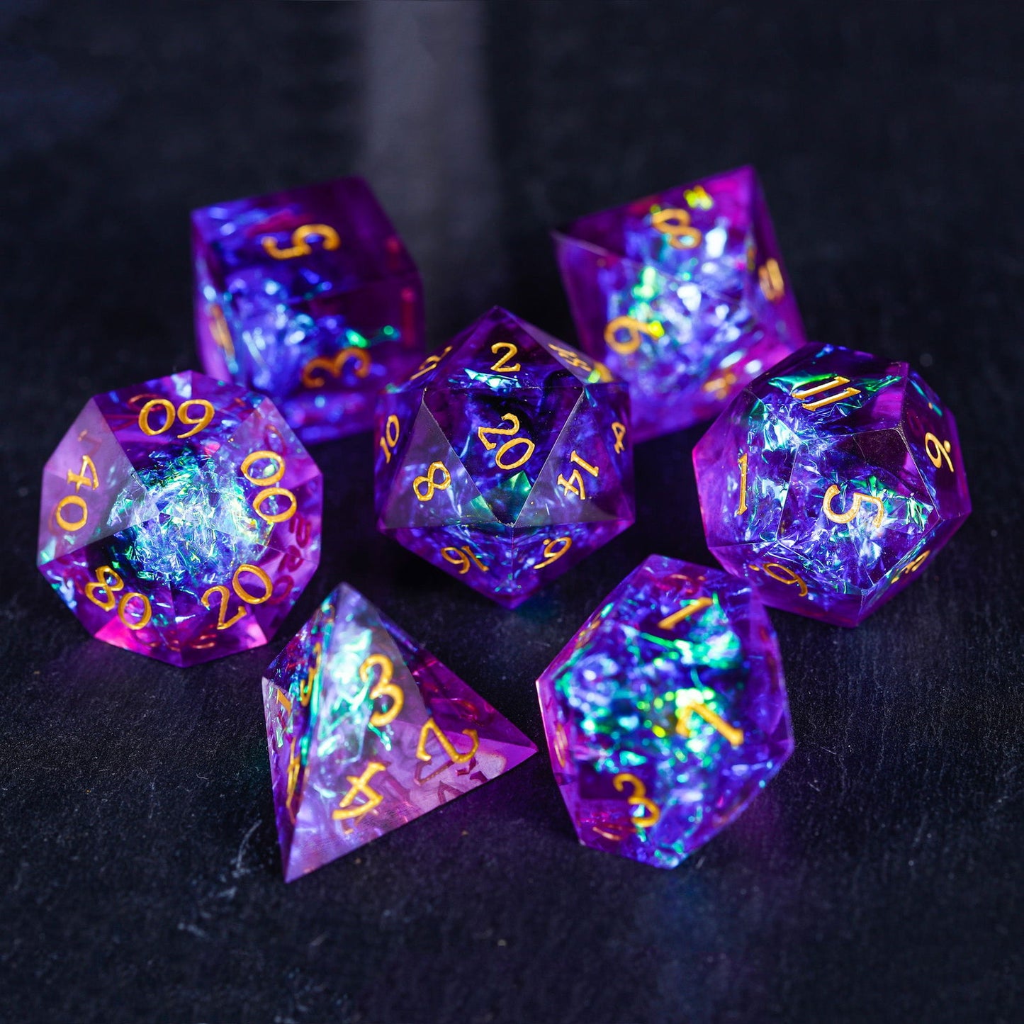 Purple Glitter Galaxy Resin DnD D&D Dice Set - CrystalMaggie