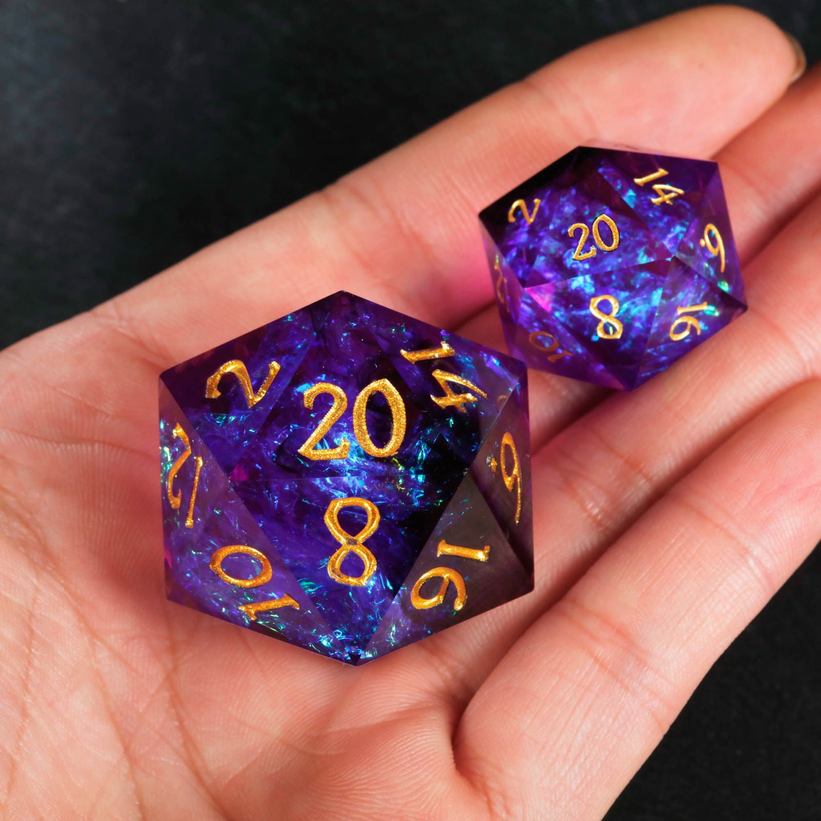 Purple Glitter Galaxy Resin DnD D&D Dice Set - CrystalMaggie