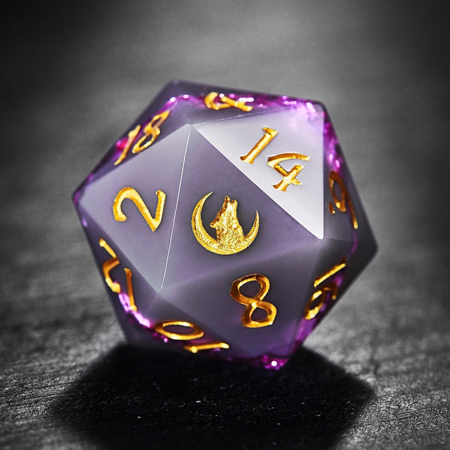 Purple Goldleaf Resin Dice Howling Wolf DnD D&D Dice Set - CrystalMaggie