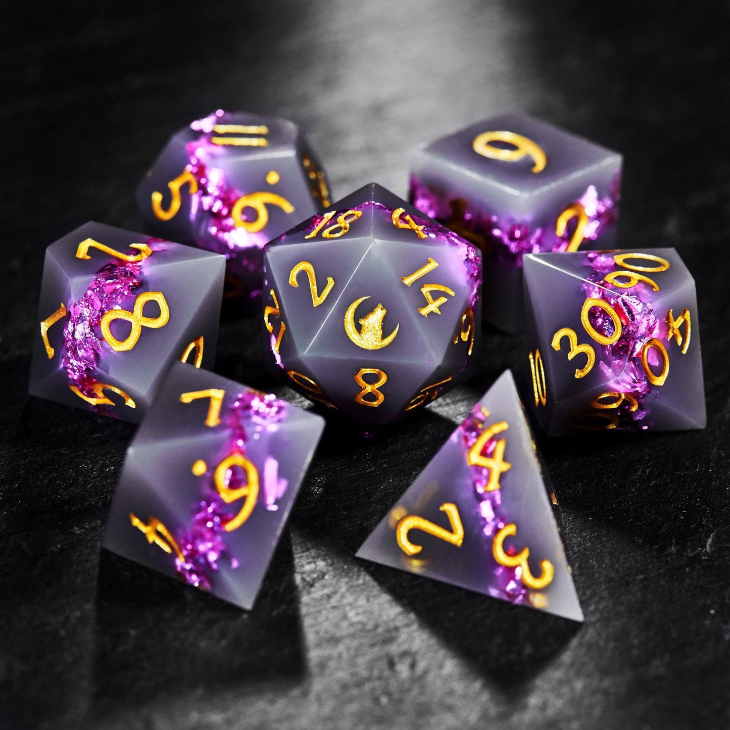 Purple Goldleaf Resin Dice Howling Wolf DnD D&D Dice Set - CrystalMaggie