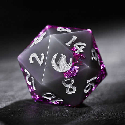 Purple Goldleaf Resin Dice Howling Wolf DnD D&D Dice Set - CrystalMaggie