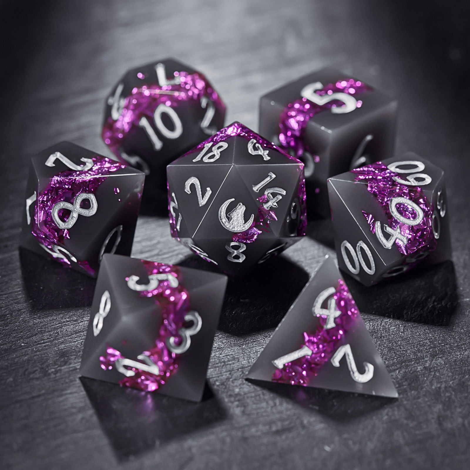 Purple Goldleaf Resin Dice Howling Wolf DnD D&D Dice Set - CrystalMaggie