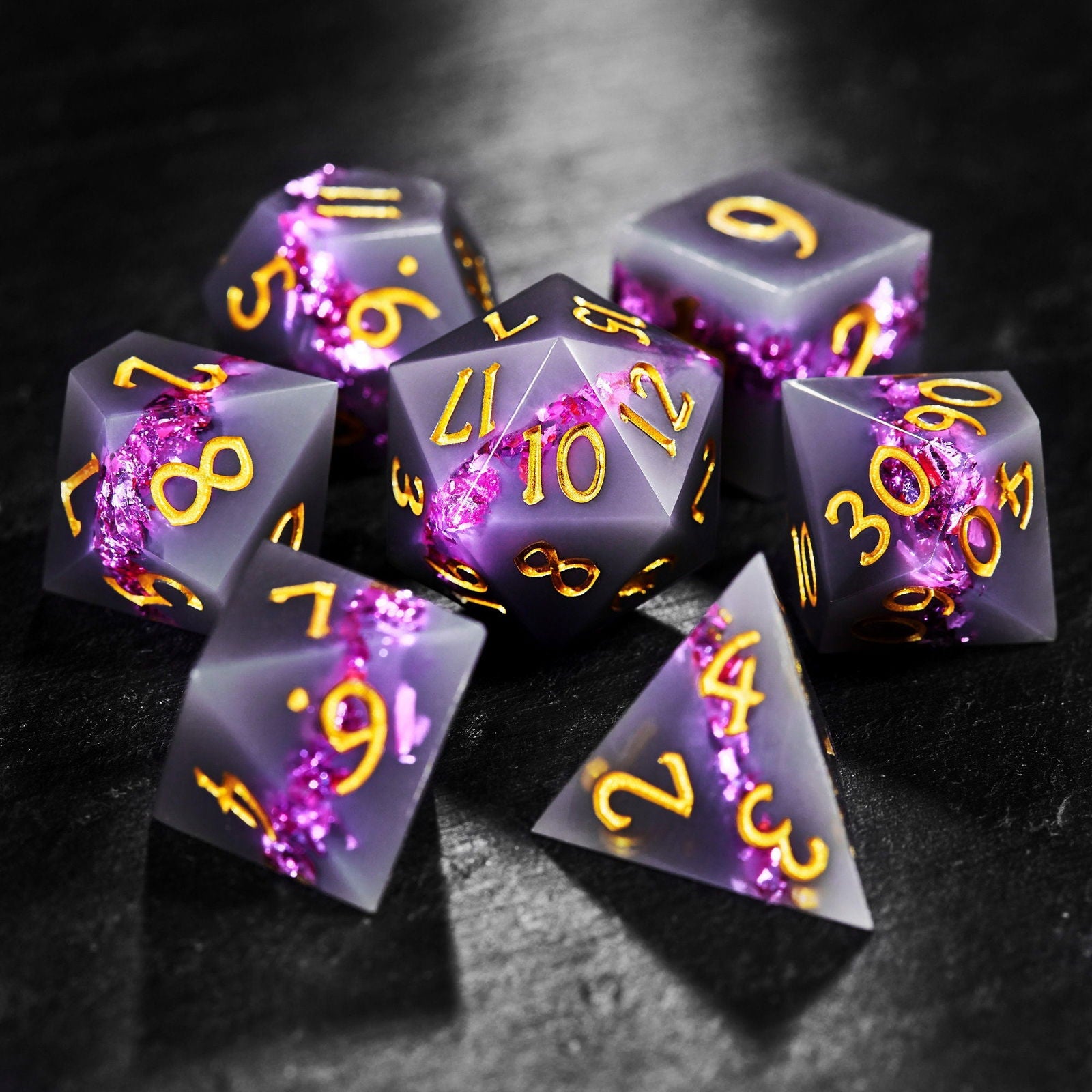 Purple Goldleaf Resin DnD D&D Dice Set - CrystalMaggie