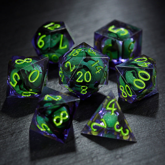 Purple Green Liquid Core Resin DnD D&D Dice Set - CrystalMaggie