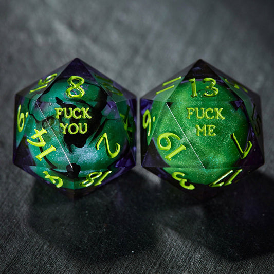 Purple Green Liquid Core Resin F Word DnD D&D Dice Set - CrystalMaggie