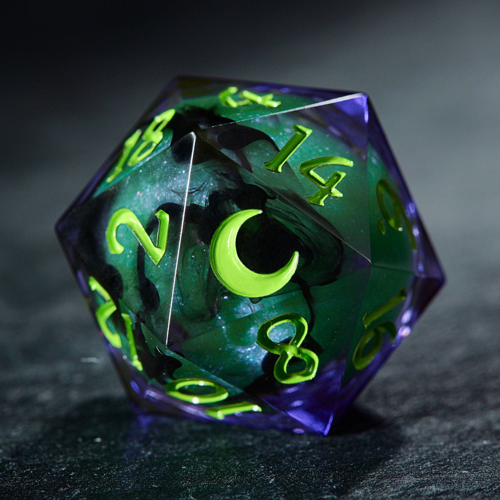 Purple Green Liquid Core Resin Moon DnD D&D Dice Set - CrystalMaggie