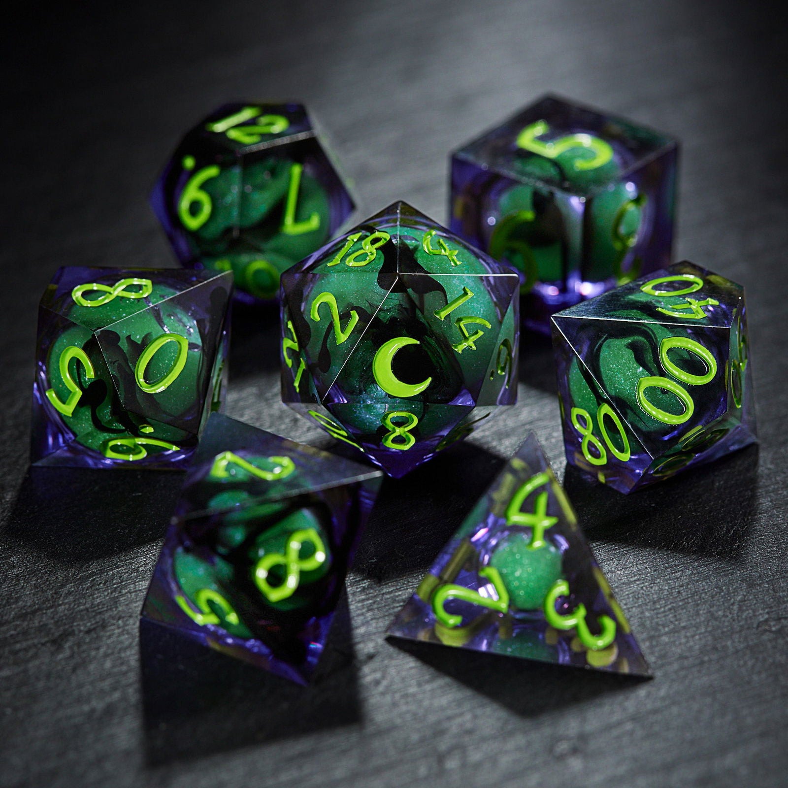 Purple Green Liquid Core Resin Moon DnD D&D Dice Set - CrystalMaggie