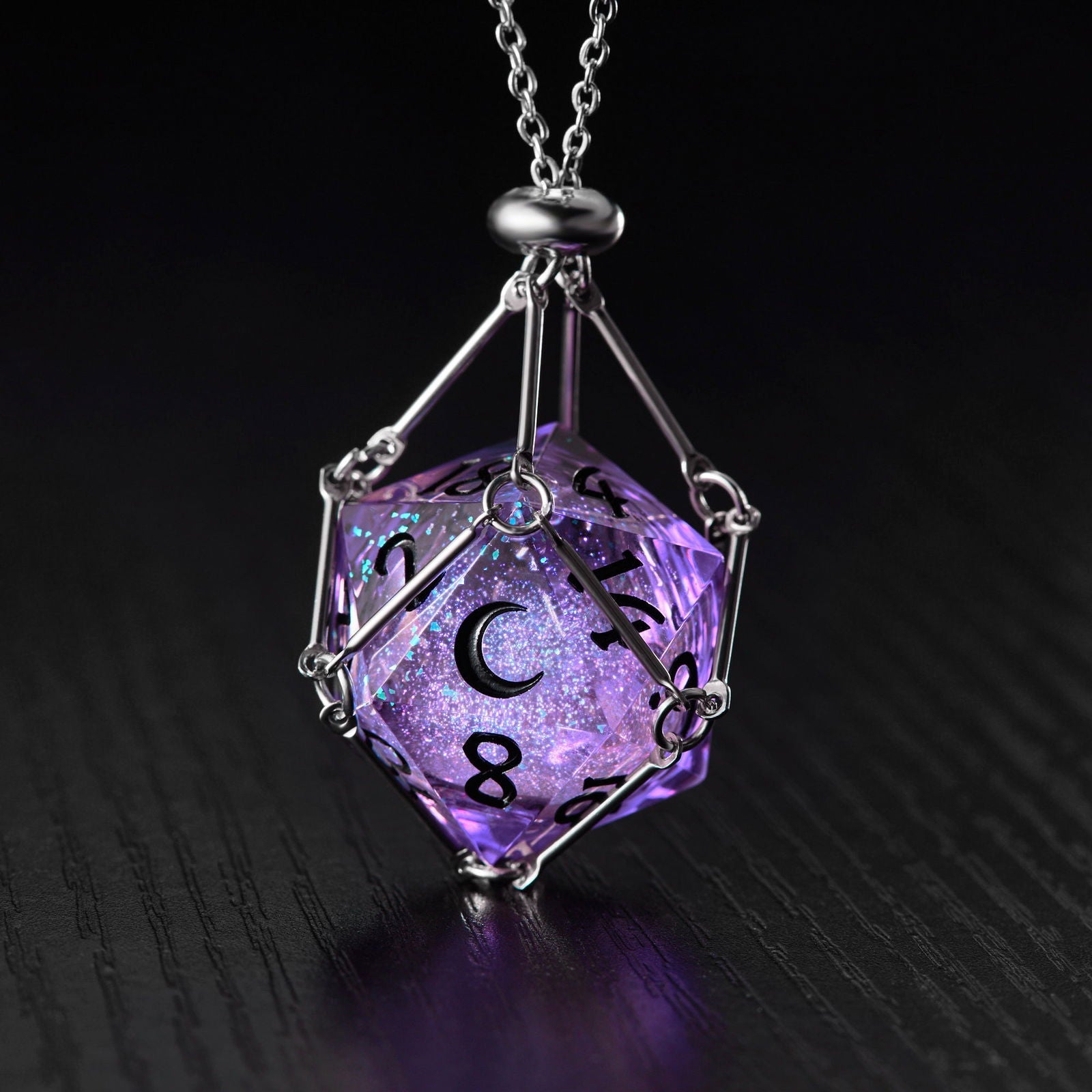 Purple Liquid Core Resin Galaxy Dice Moon DnD D&D D20 Necklace - CrystalMaggie