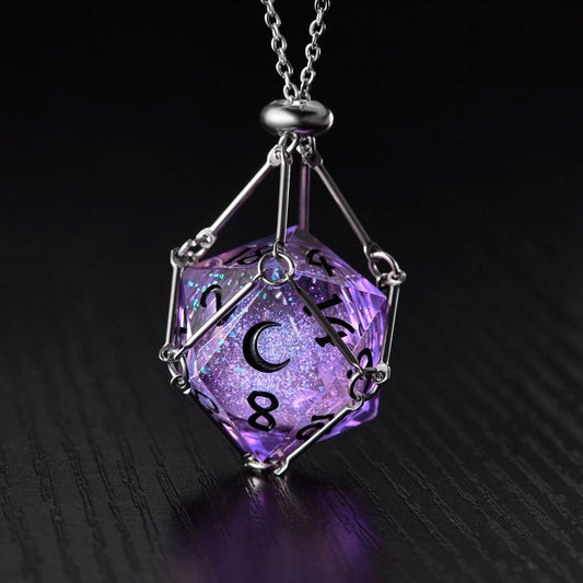 Purple Liquid Core Resin Galaxy Dice Moon DnD D&D D20 Necklace - CrystalMaggie