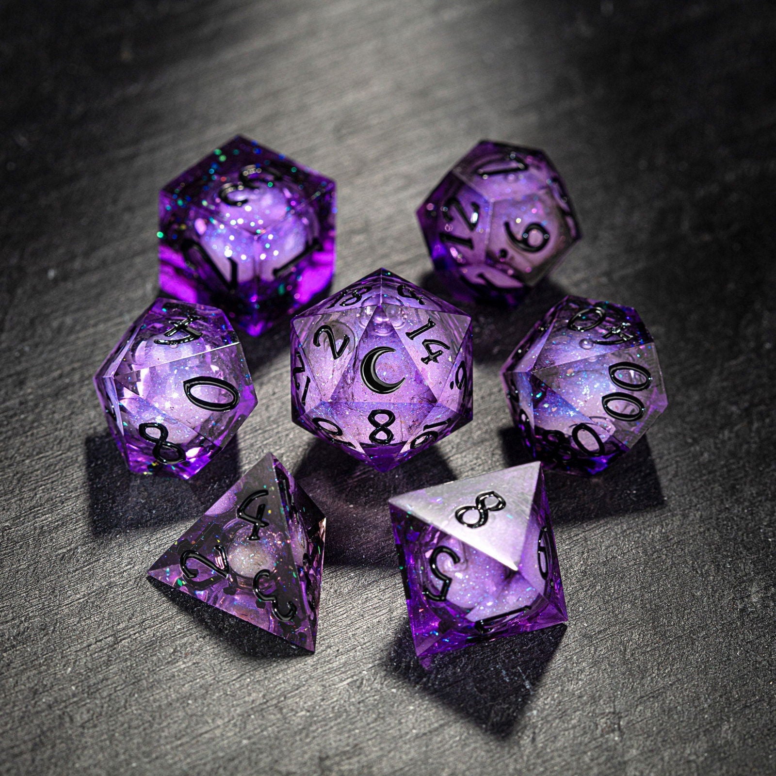 Purple Liquid Core Resin Galaxy Dice Moon DnD D&D D20 Necklace - CrystalMaggie