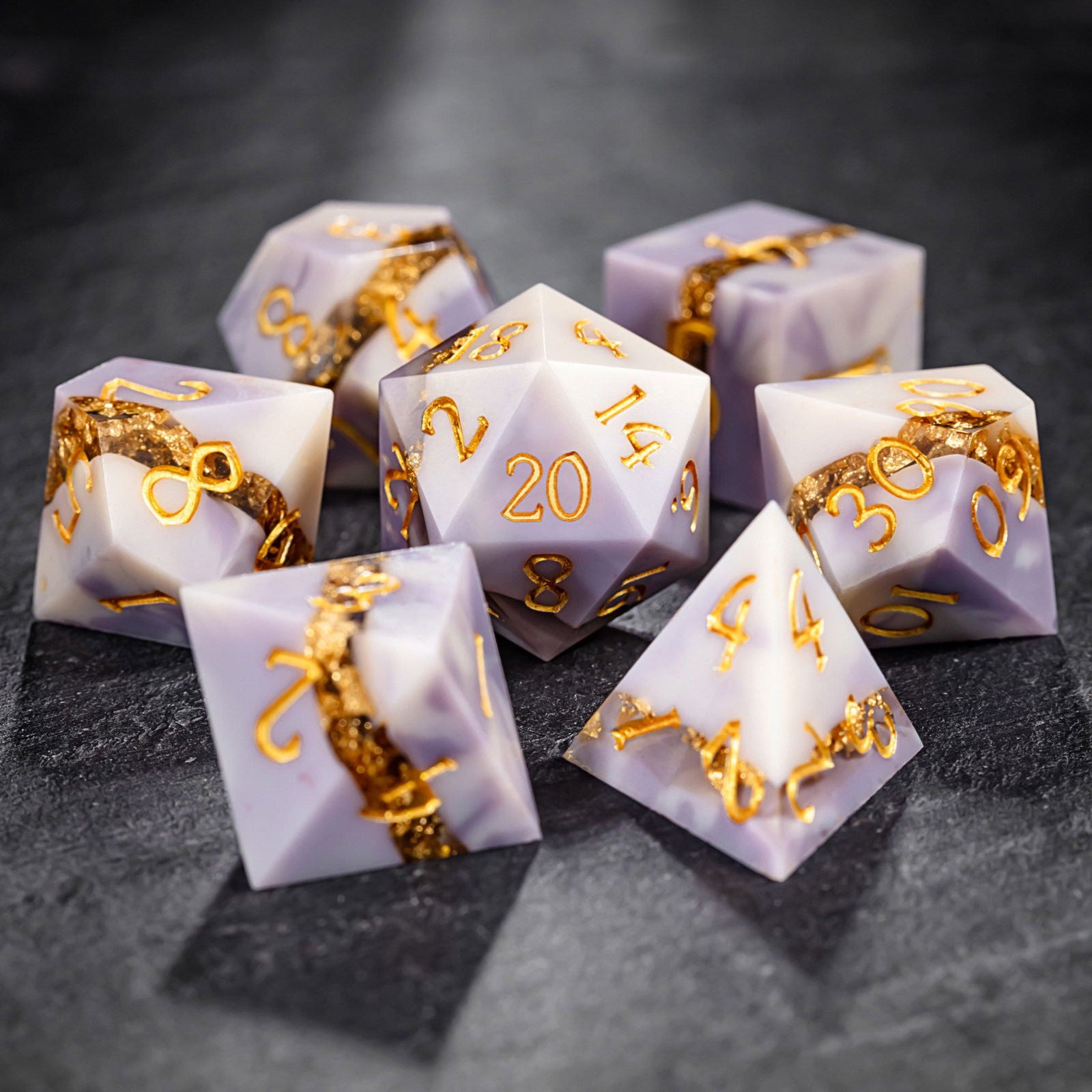 Purple White Goldleaf Resin DnD D&D Dice Set - CrystalMaggie