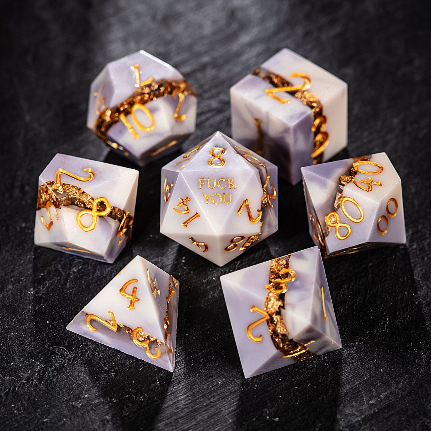 Purple White Goldleaf Resin F Word DnD D&D Dice Set - CrystalMaggie