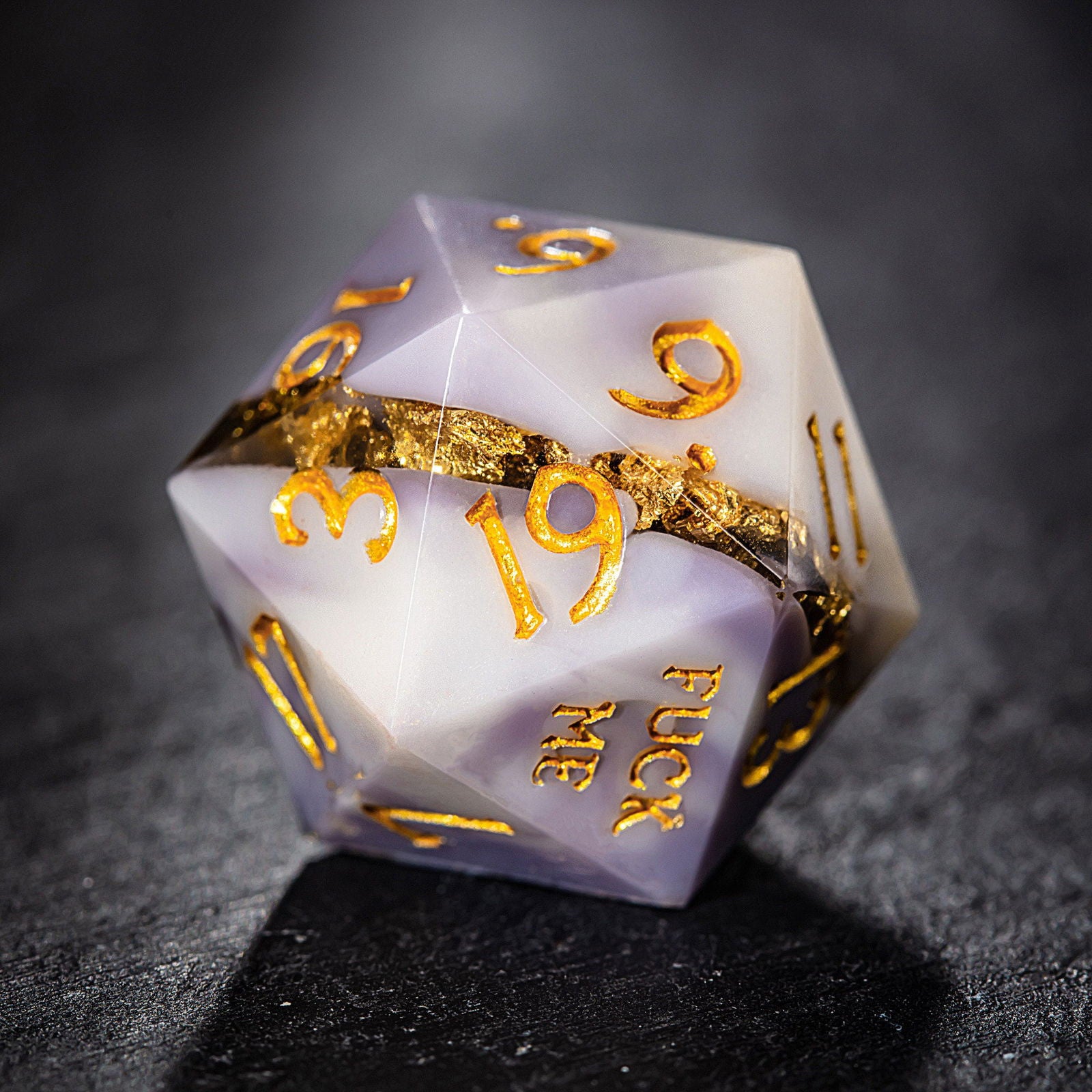 Purple White Goldleaf Resin F Word DnD D&D Dice Set - CrystalMaggie