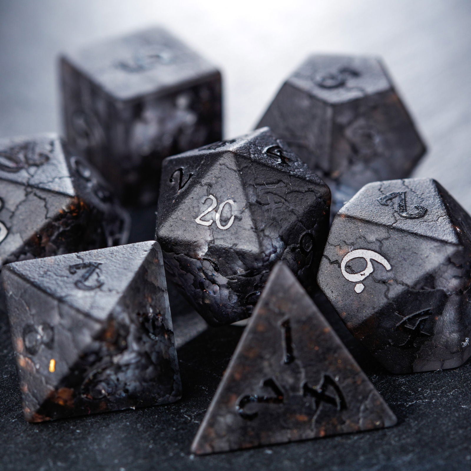 Raised Black Lightning Glass DnD D&D Dice Set - CrystalMaggie