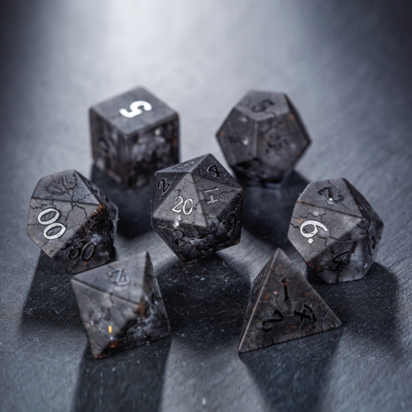 Raised Black Lightning Glass DnD D&D Dice Set - CrystalMaggie