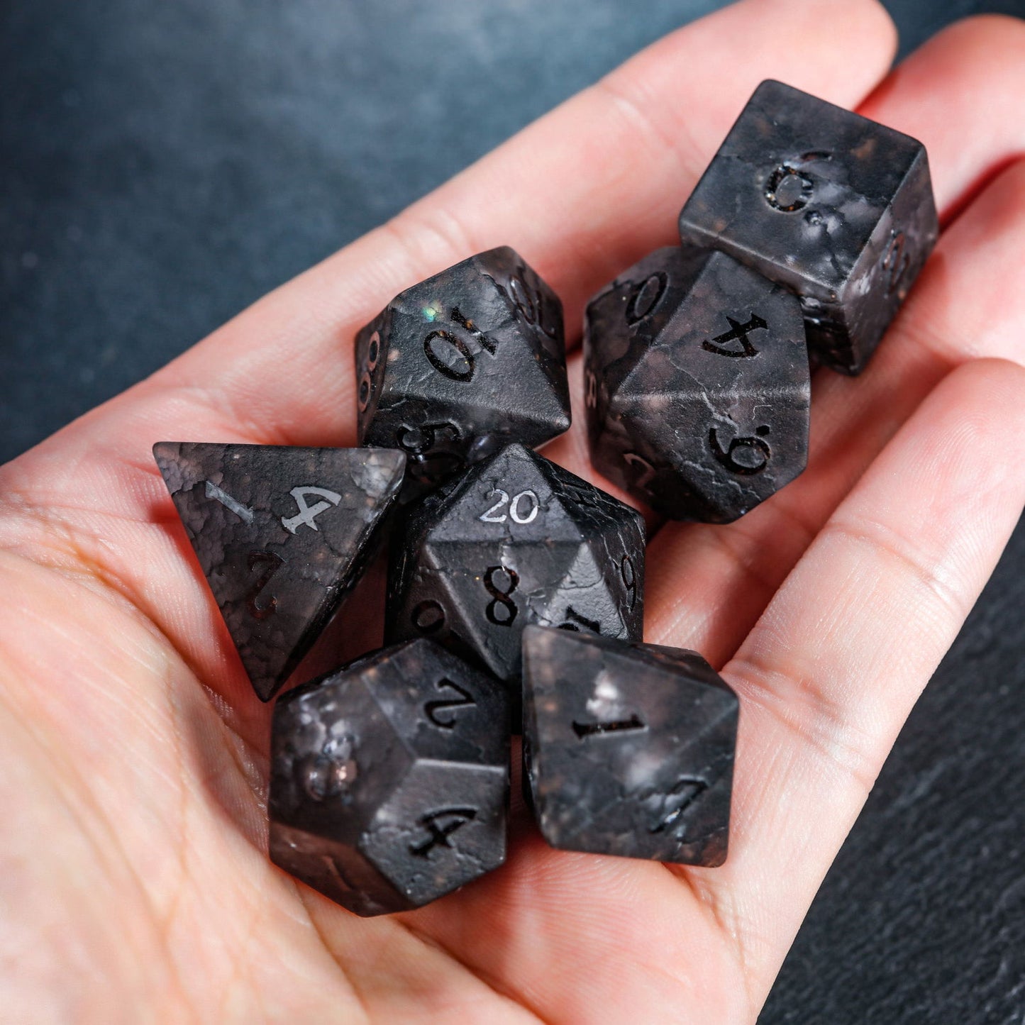 Raised Black Lightning Glass DnD D&D Dice Set - CrystalMaggie