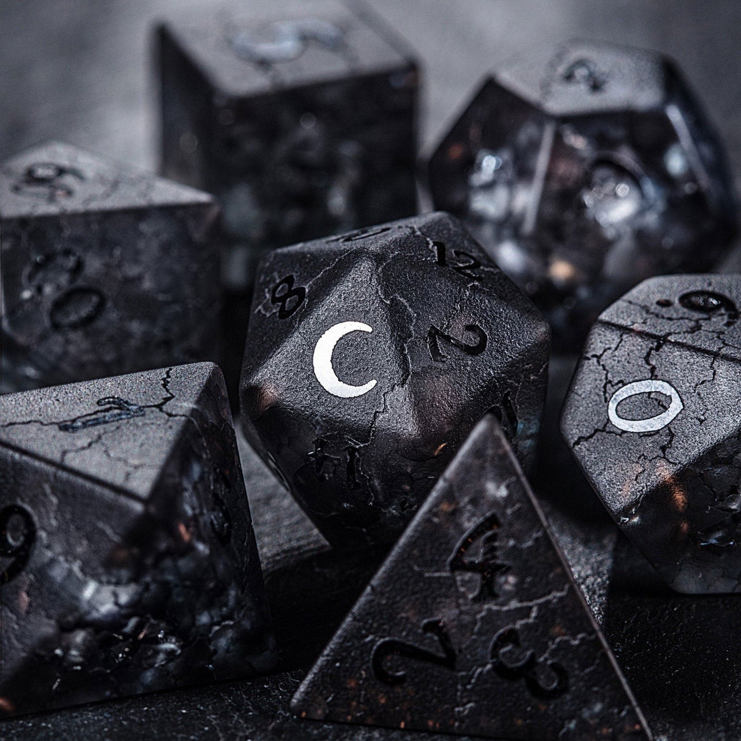 Raised Black Lightning Glass Moon DnD D&D Dice Set - CrystalMaggie