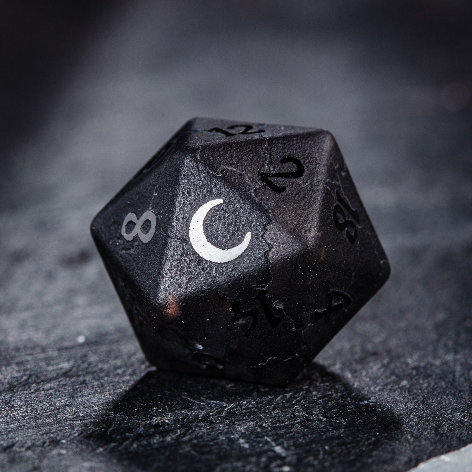 Raised Black Lightning Glass Moon DnD D&D Dice Set - CrystalMaggie