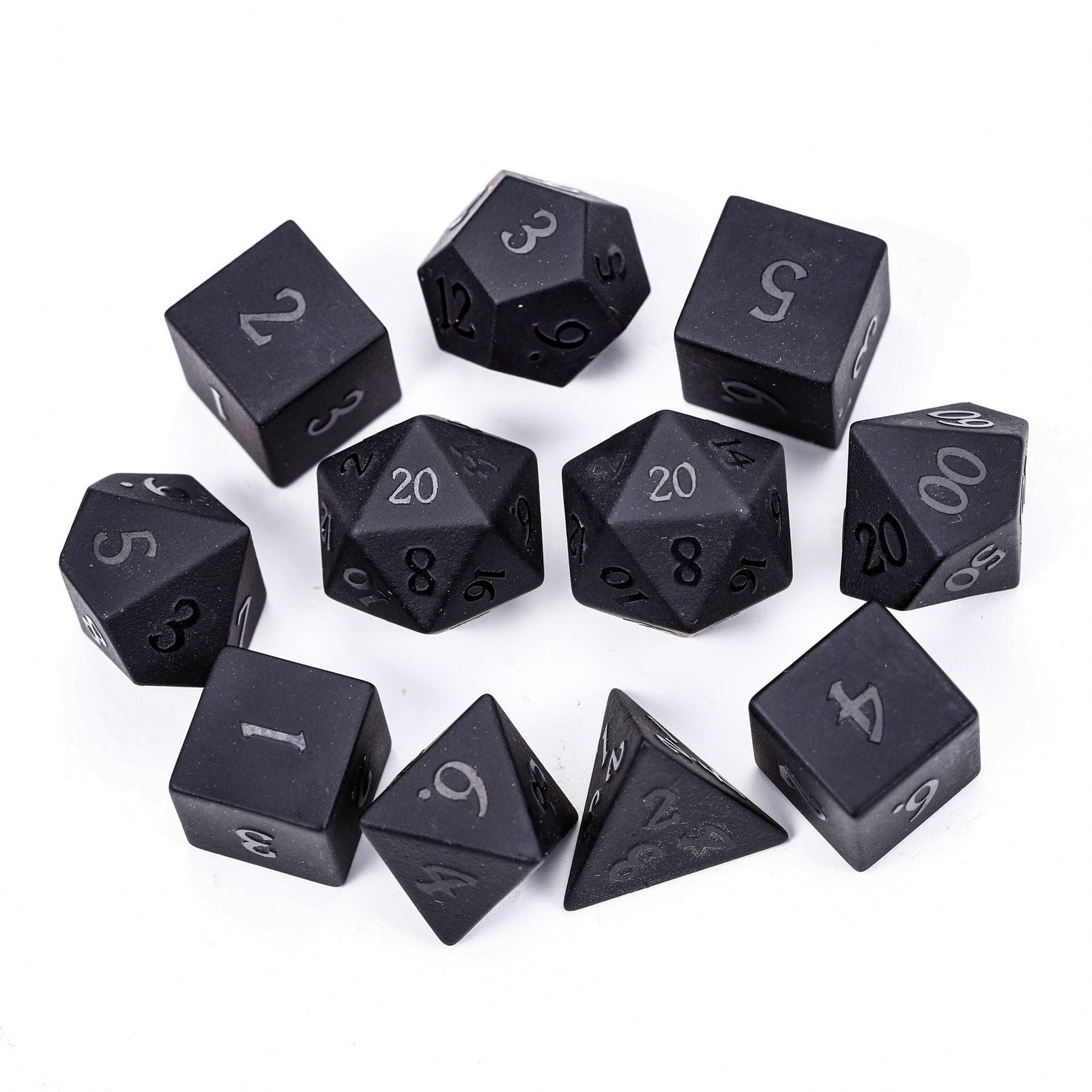 Raised Black Obsidian Gemstone DnD D&D Dice Set - CrystalMaggie