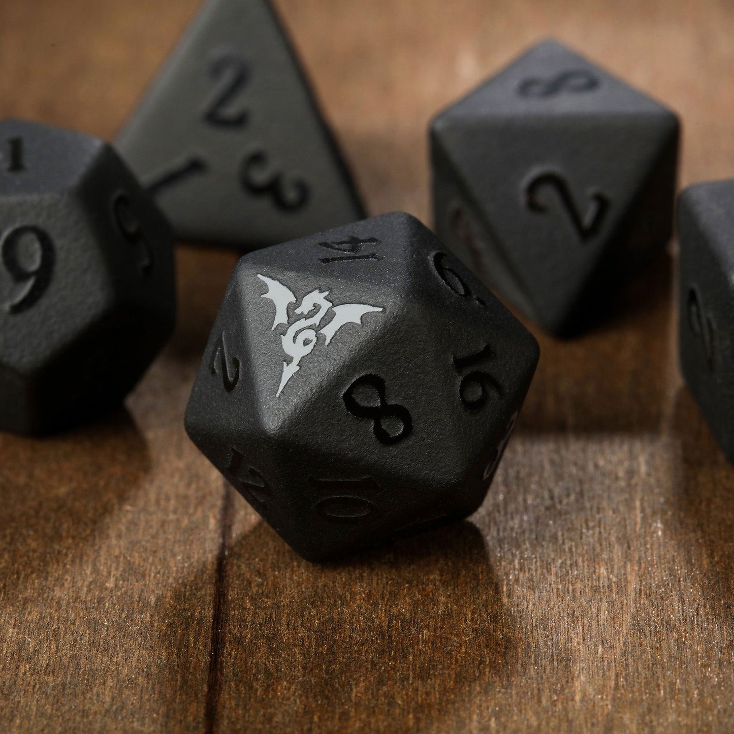 Raised Black Obsidian Gemstone Flying Dragon DnD D&D Dice Set - CrystalMaggie