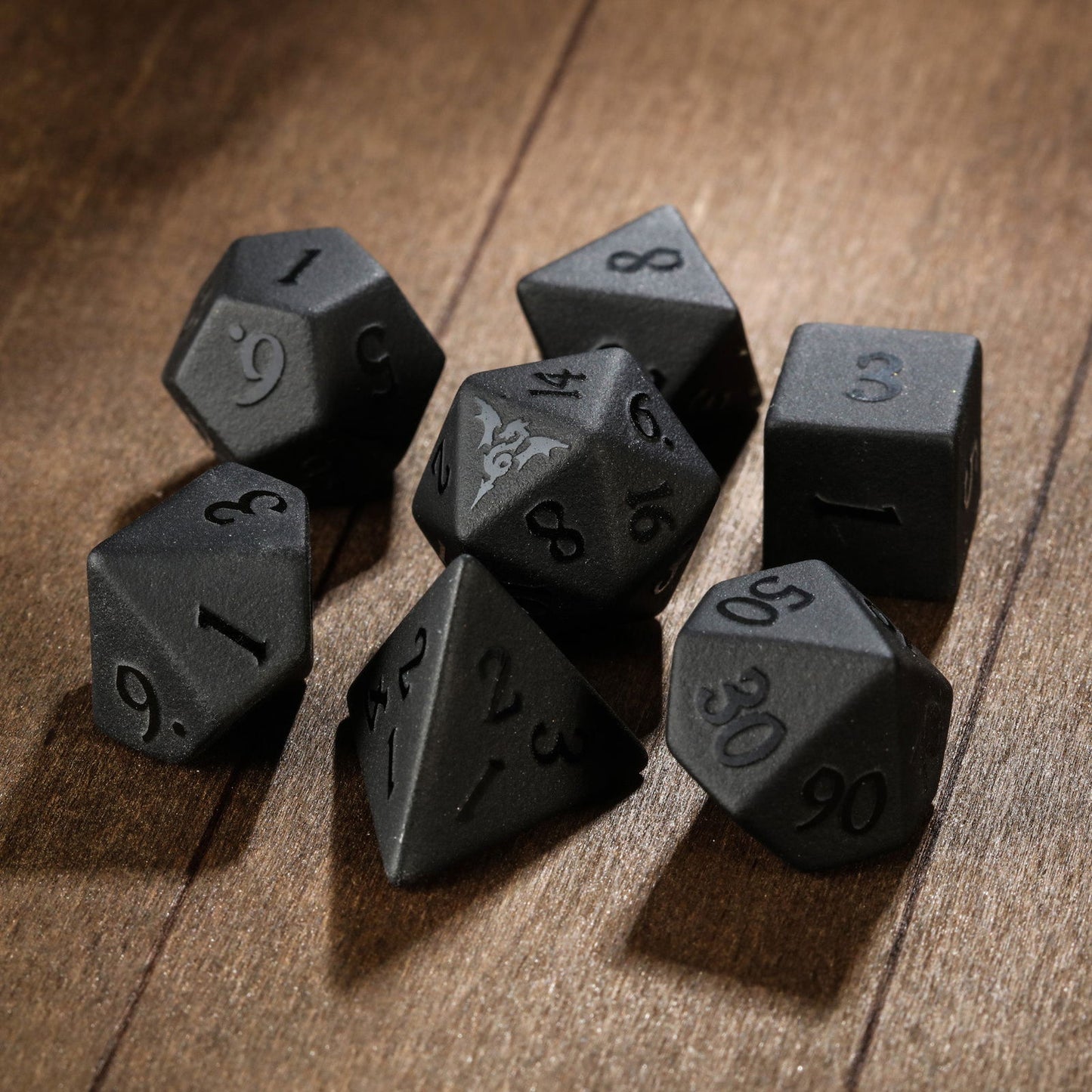 Raised Black Obsidian Gemstone Flying Dragon DnD D&D Dice Set - CrystalMaggie