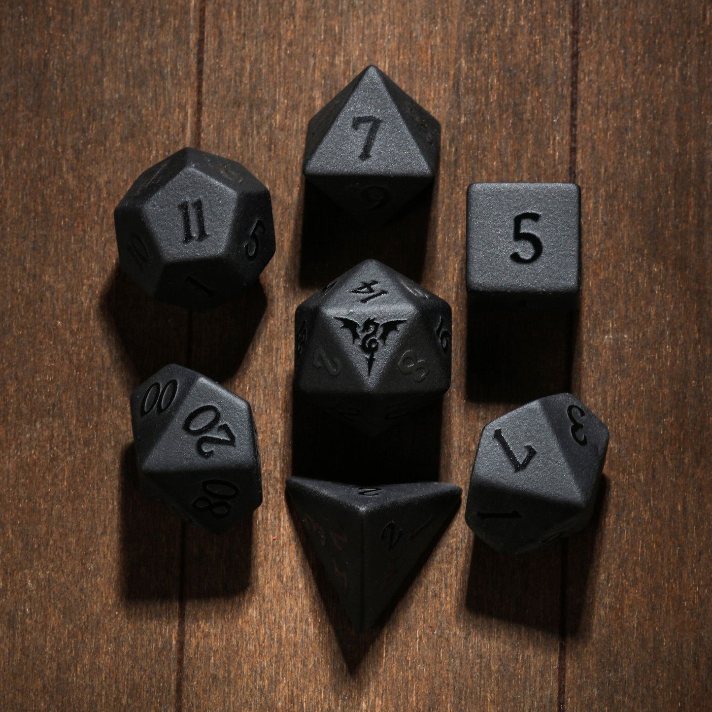 Raised Black Obsidian Gemstone Flying Dragon DnD D&D Dice Set - CrystalMaggie