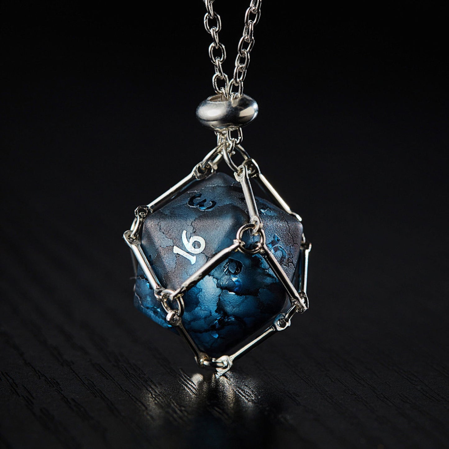 Raised Dark Blue Lightning Glass DnD D&D Dice D20 Necklace - CrystalMaggie