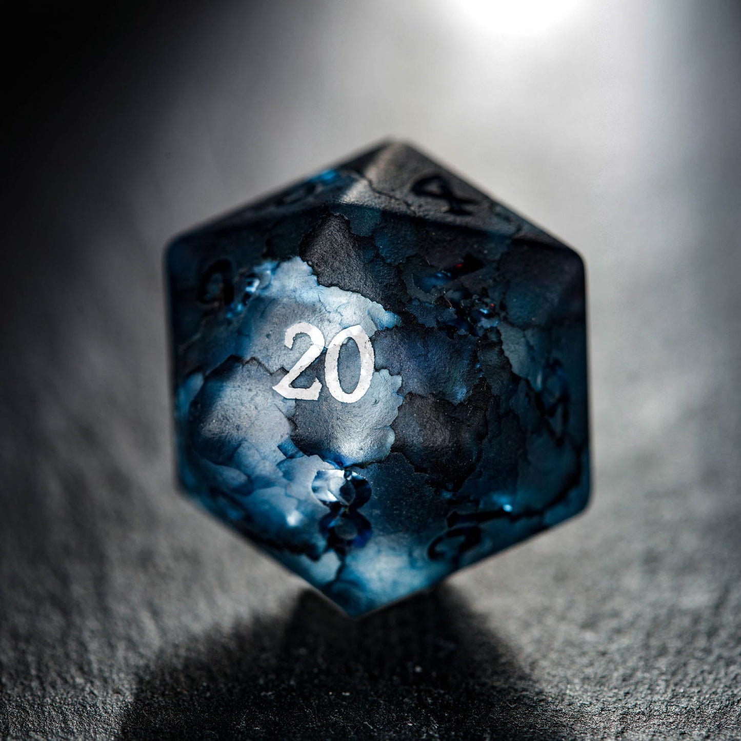 Raised Dark Blue Lightning Glass DnD D&D Dice D20 Necklace - CrystalMaggie