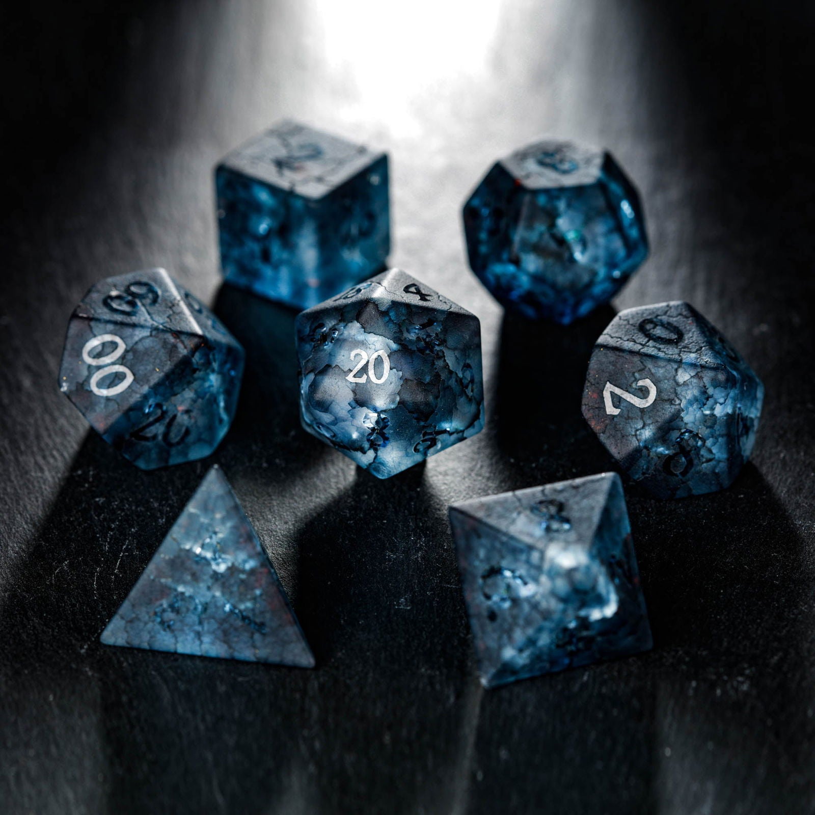 Raised Dark Blue Lightning Glass DnD D&D Dice D20 Necklace - CrystalMaggie