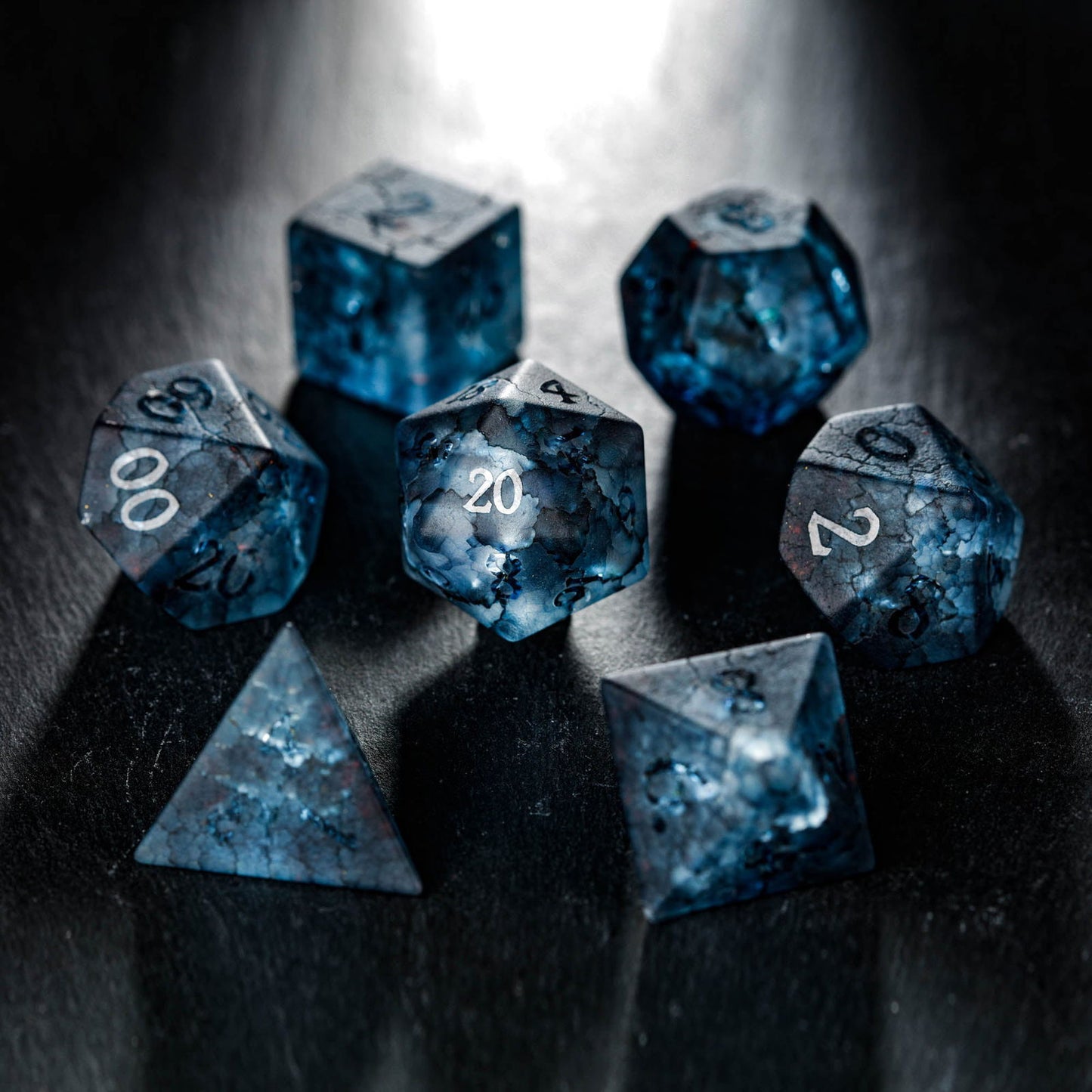 Raised Dark Blue Lightning Glass DnD D&D Dice Set - CrystalMaggie