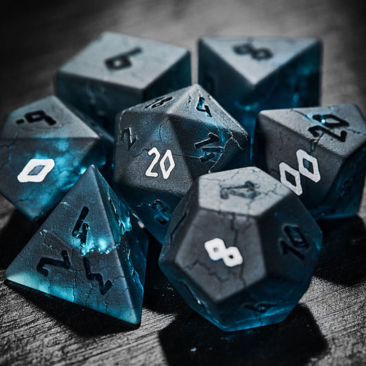 Raised Dark Blue Lightning Glass DnD D&D Dice Set - CrystalMaggie