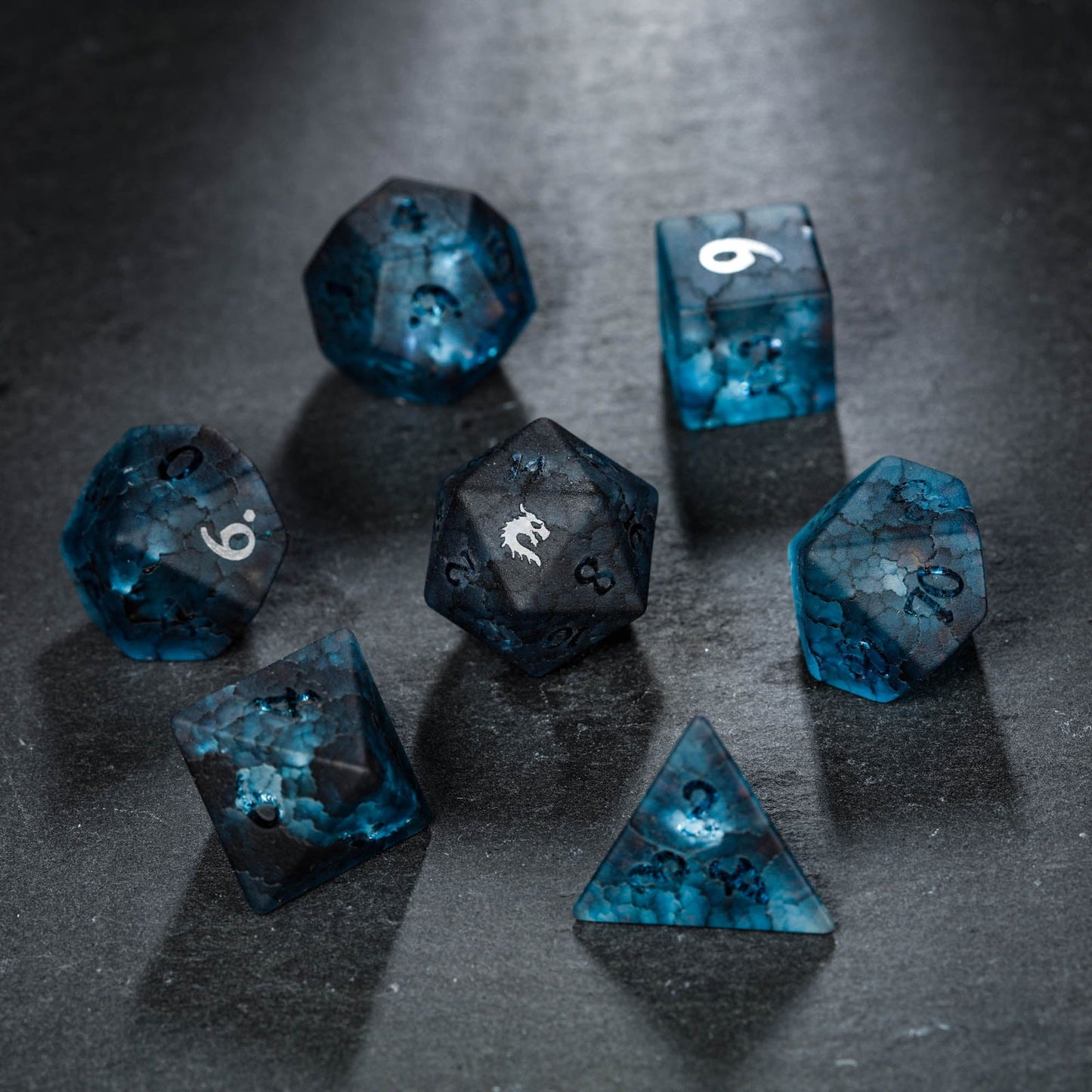 Raised Dark Blue Lightning Glass Dragon DnD D&D Dice Set - CrystalMaggie