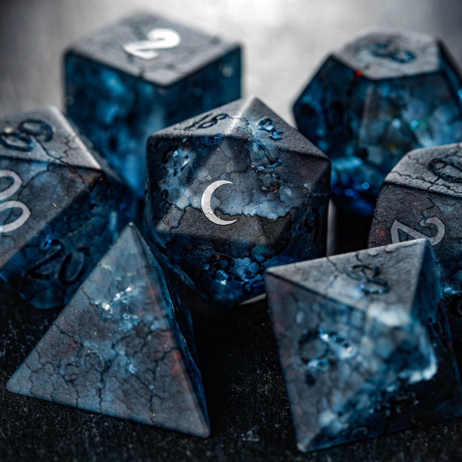 Raised Dark Blue Lightning Glass Moon DnD D&D Dice Set - CrystalMaggie