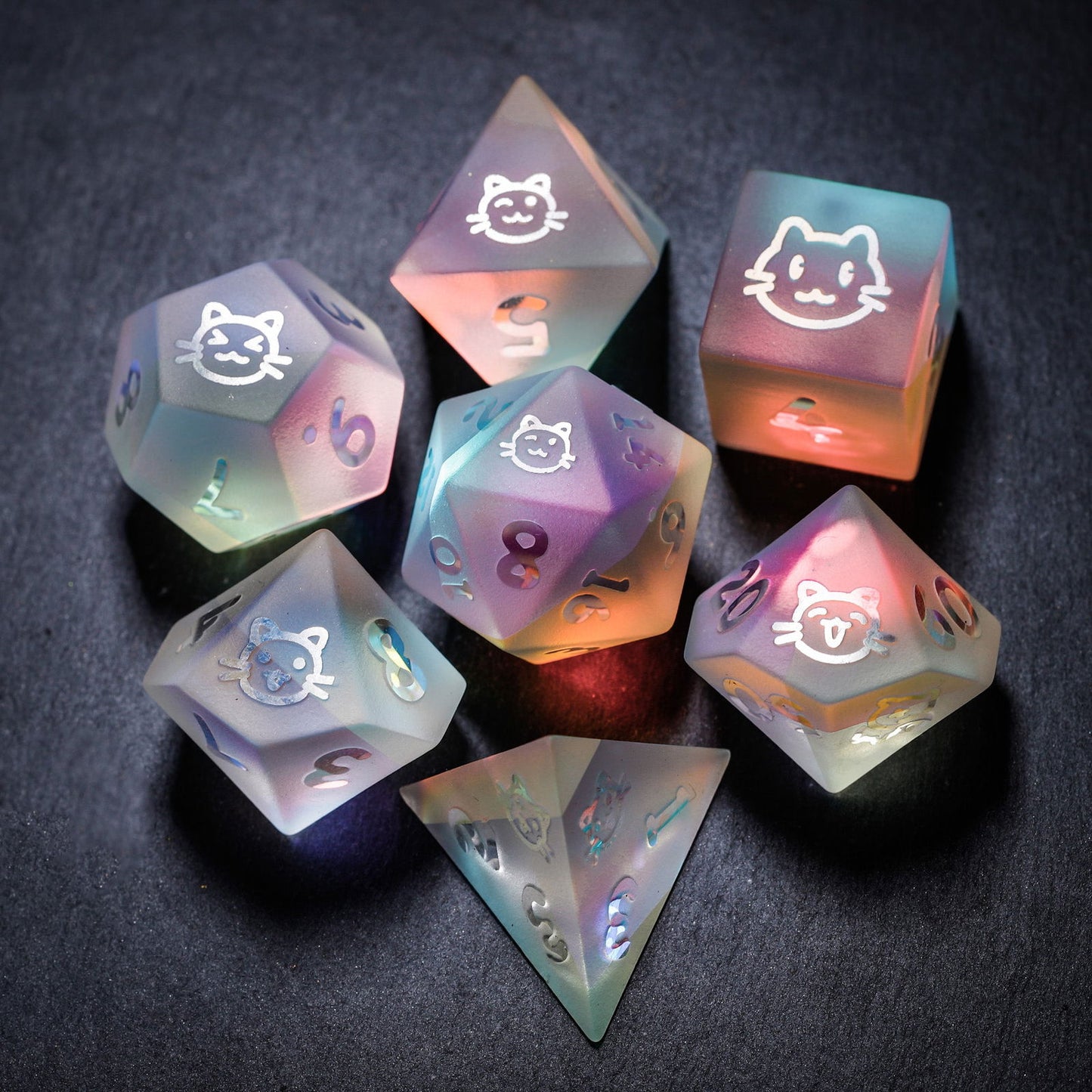 Raised Fantastic Glass Cat Butt DnD D&D Dice Set - CrystalMaggie