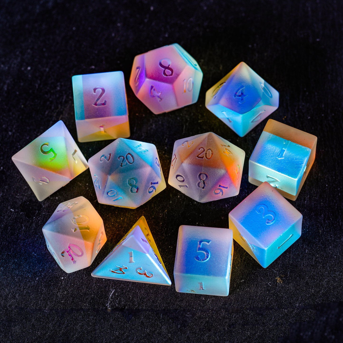 Raised Fantastic Glass DnD D&D Dice Set - CrystalMaggie