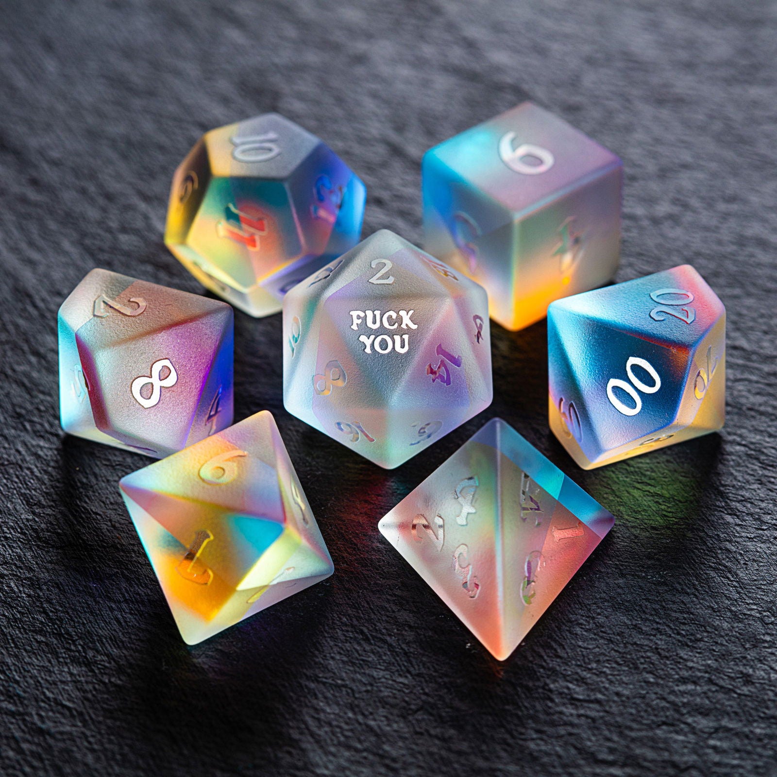 Raised Fantastic Glass F Word DnD D&D Dice Set - CrystalMaggie