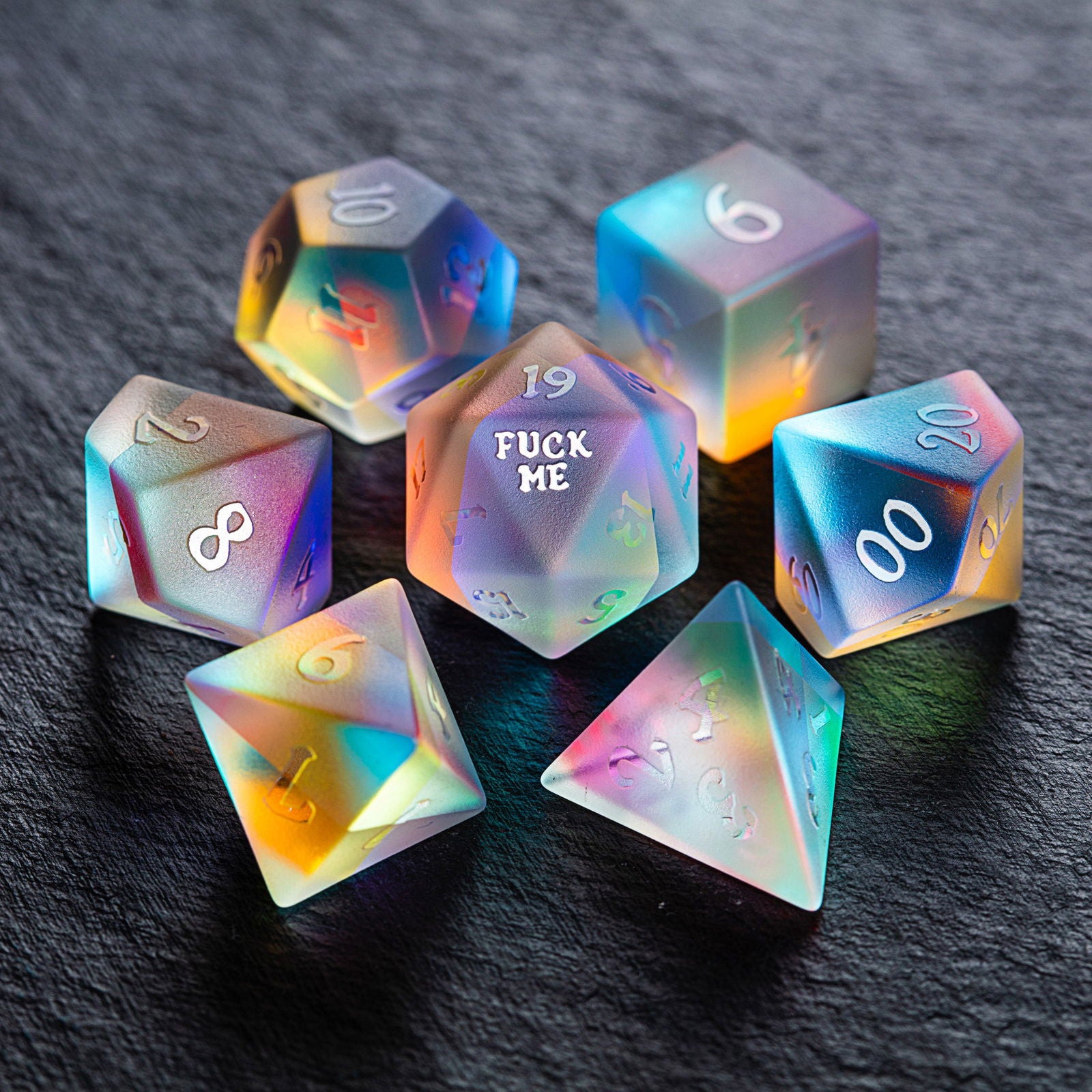 Raised Fantastic Glass F Word DnD D&D Dice Set - CrystalMaggie