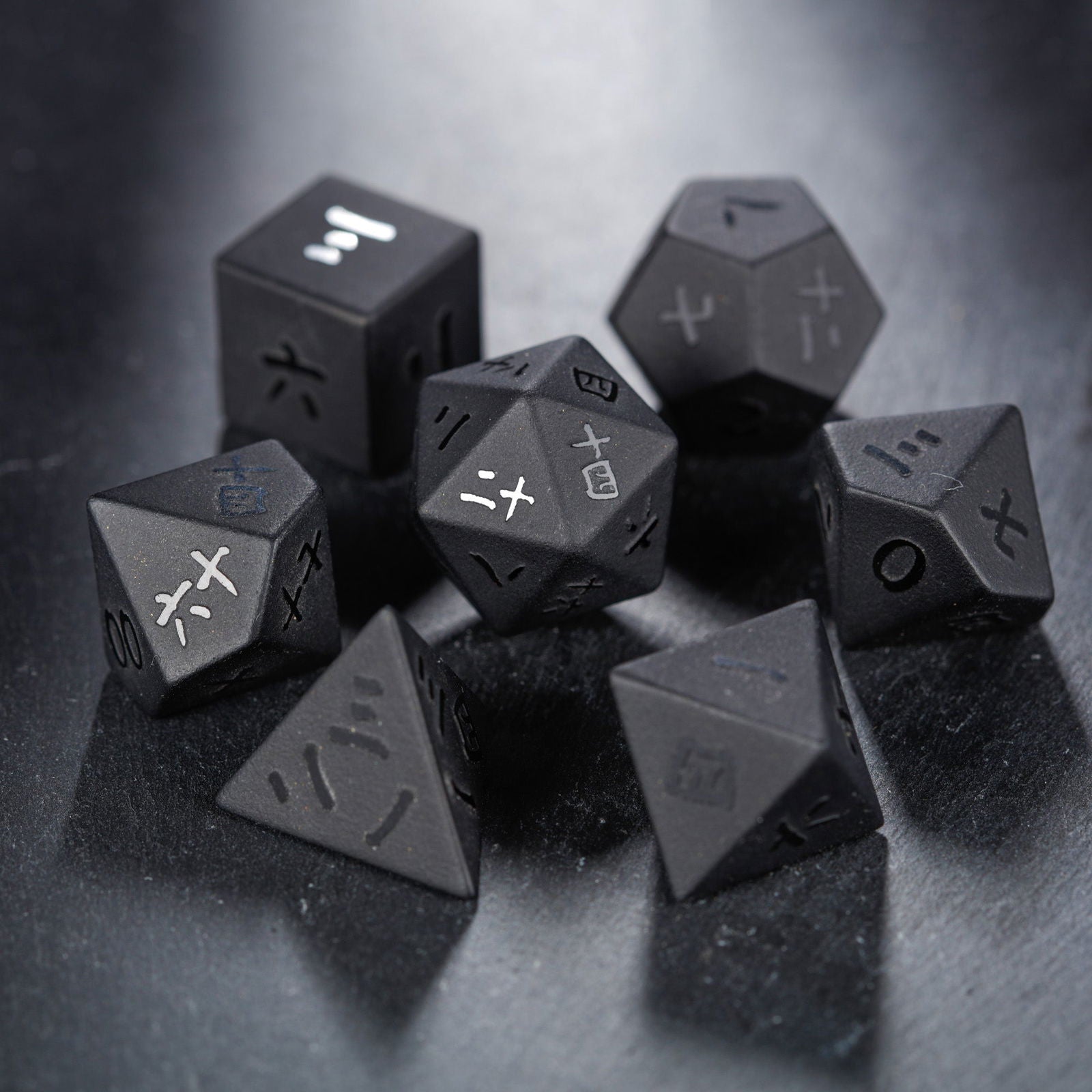 Raised Obsidian Gemstone Kanji DnD D&D Dice Set - CrystalMaggie