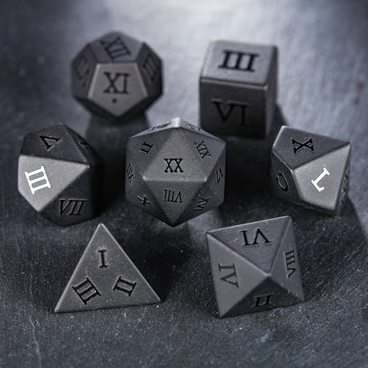 Raised Obsidian Gemstone Roman Numerals DnD D&D Dice Set - CrystalMaggie