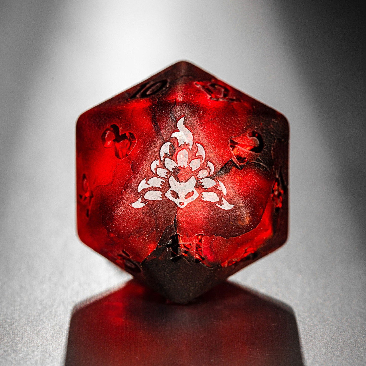 Raised Red Lightning Glass Nine Tails Fox DnD D&D Dice Set - CrystalMaggie