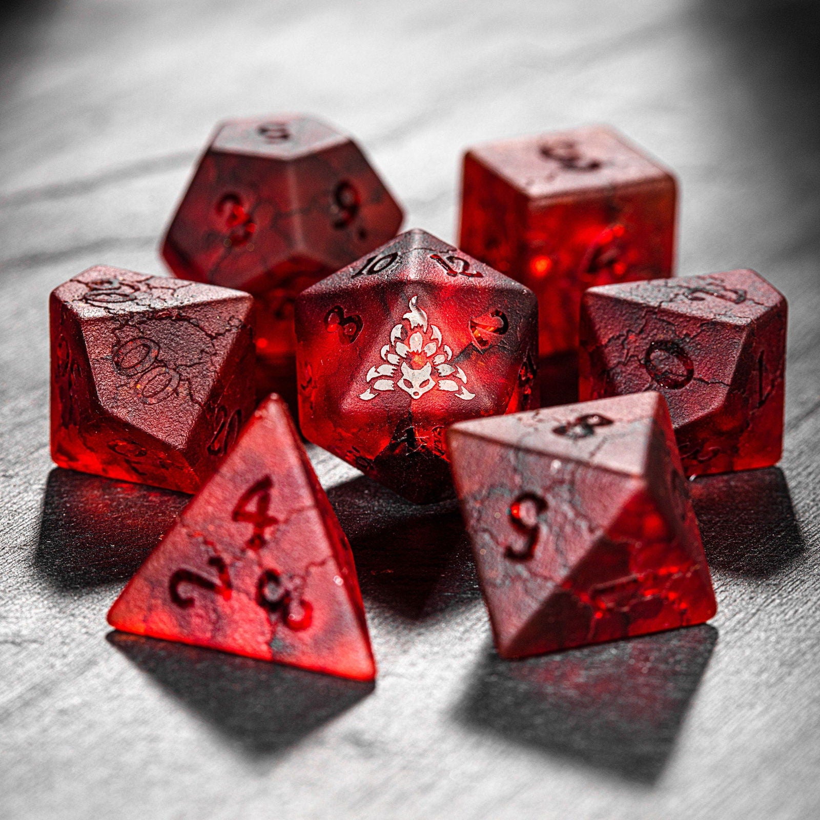 Raised Red Lightning Glass Nine Tails Fox DnD D&D Dice Set - CrystalMaggie