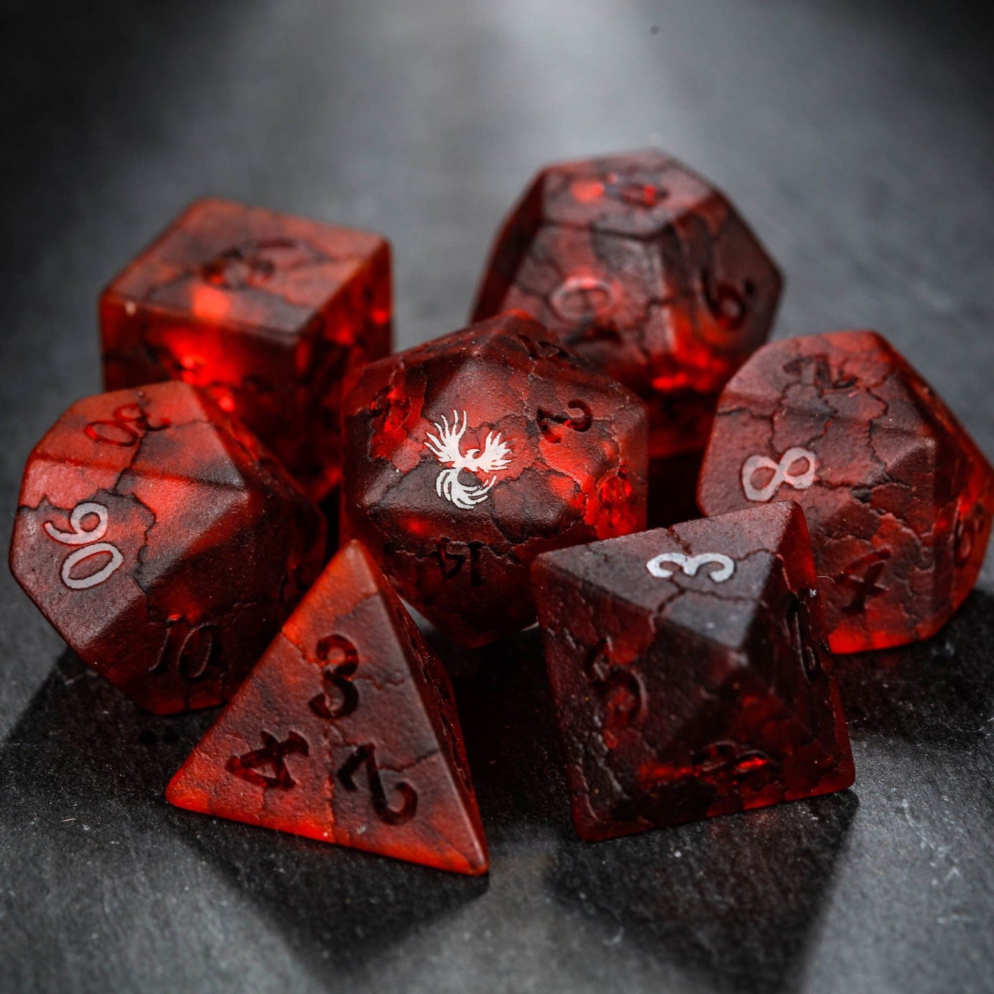 Raised Red Lightning Glass Phoenix DnD D&D Dice Set - CrystalMaggie