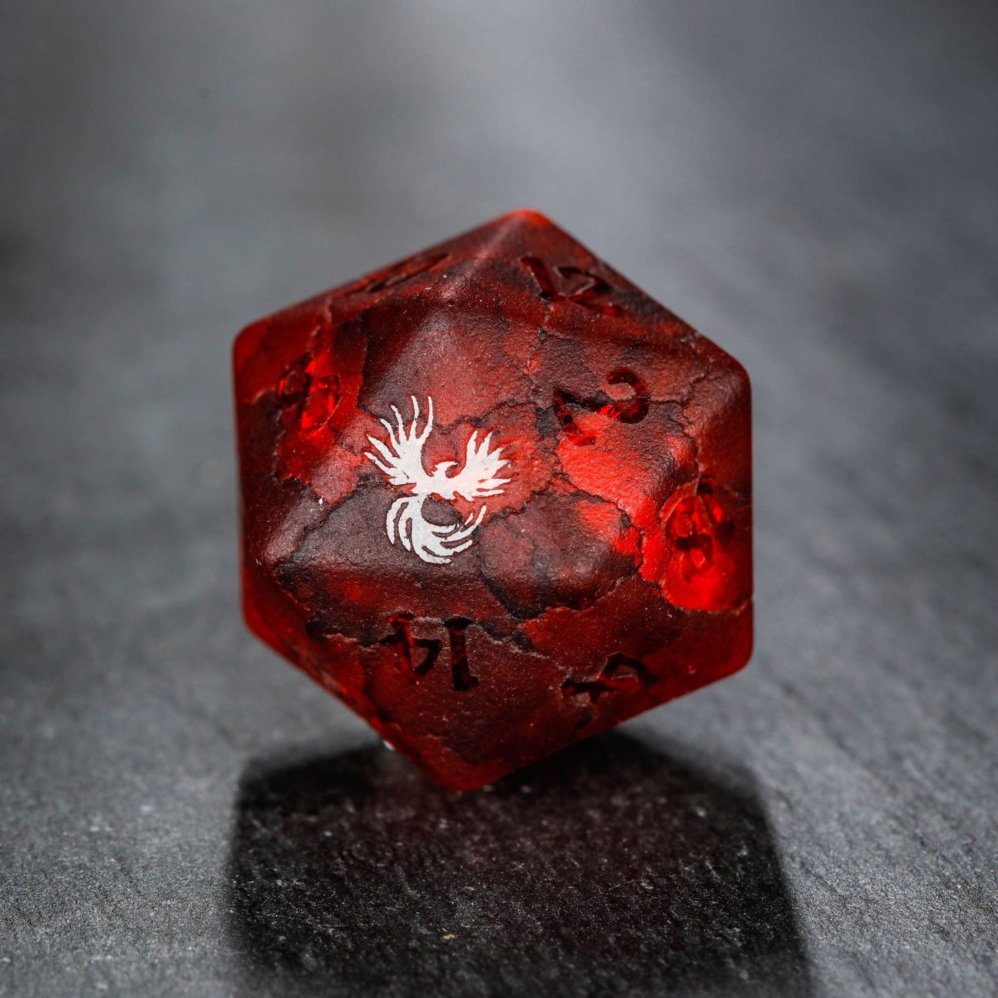 Raised Red Lightning Glass Phoenix DnD D&D Dice Set - CrystalMaggie