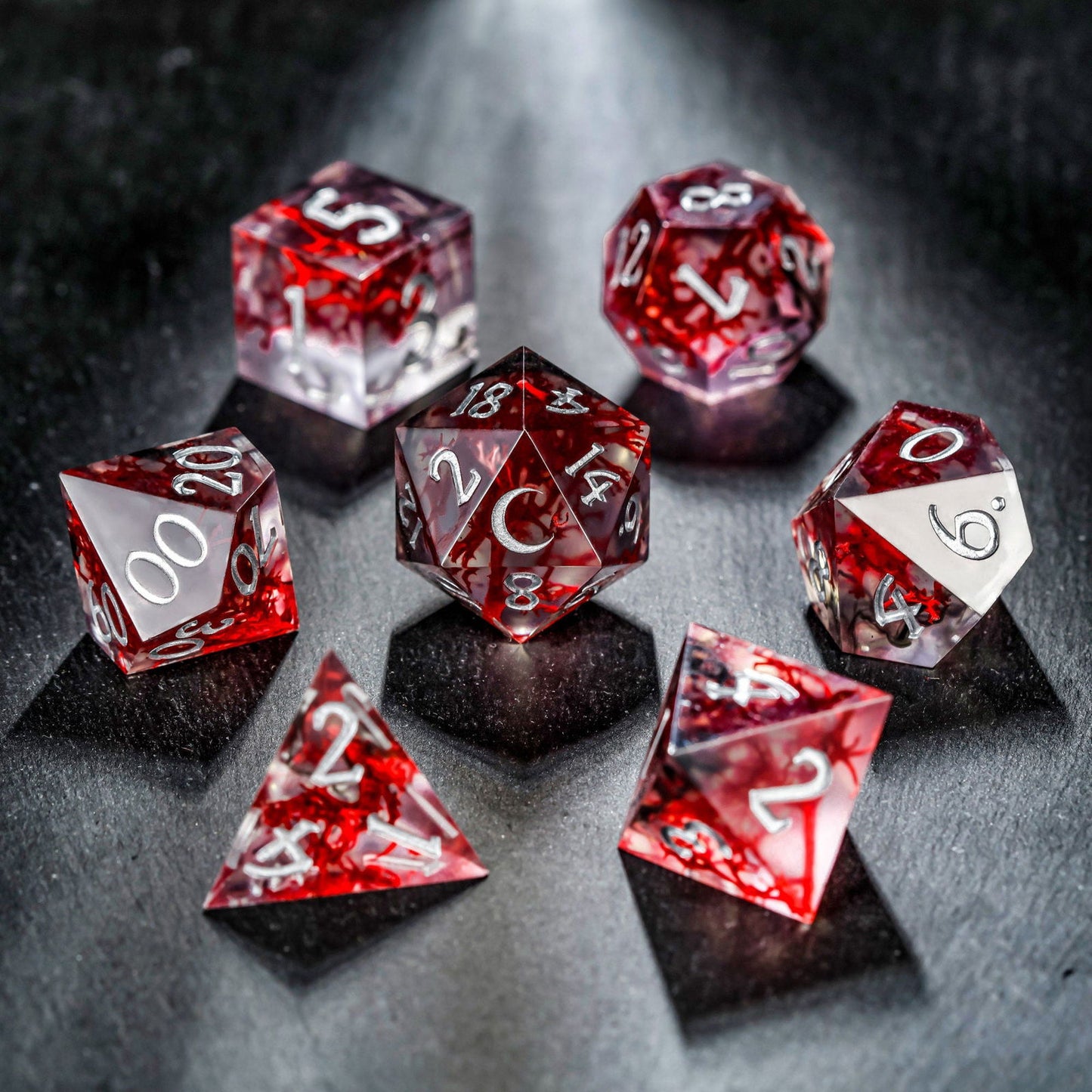 Red Coral Resin Moon DnD D&D Dice Set - CrystalMaggie