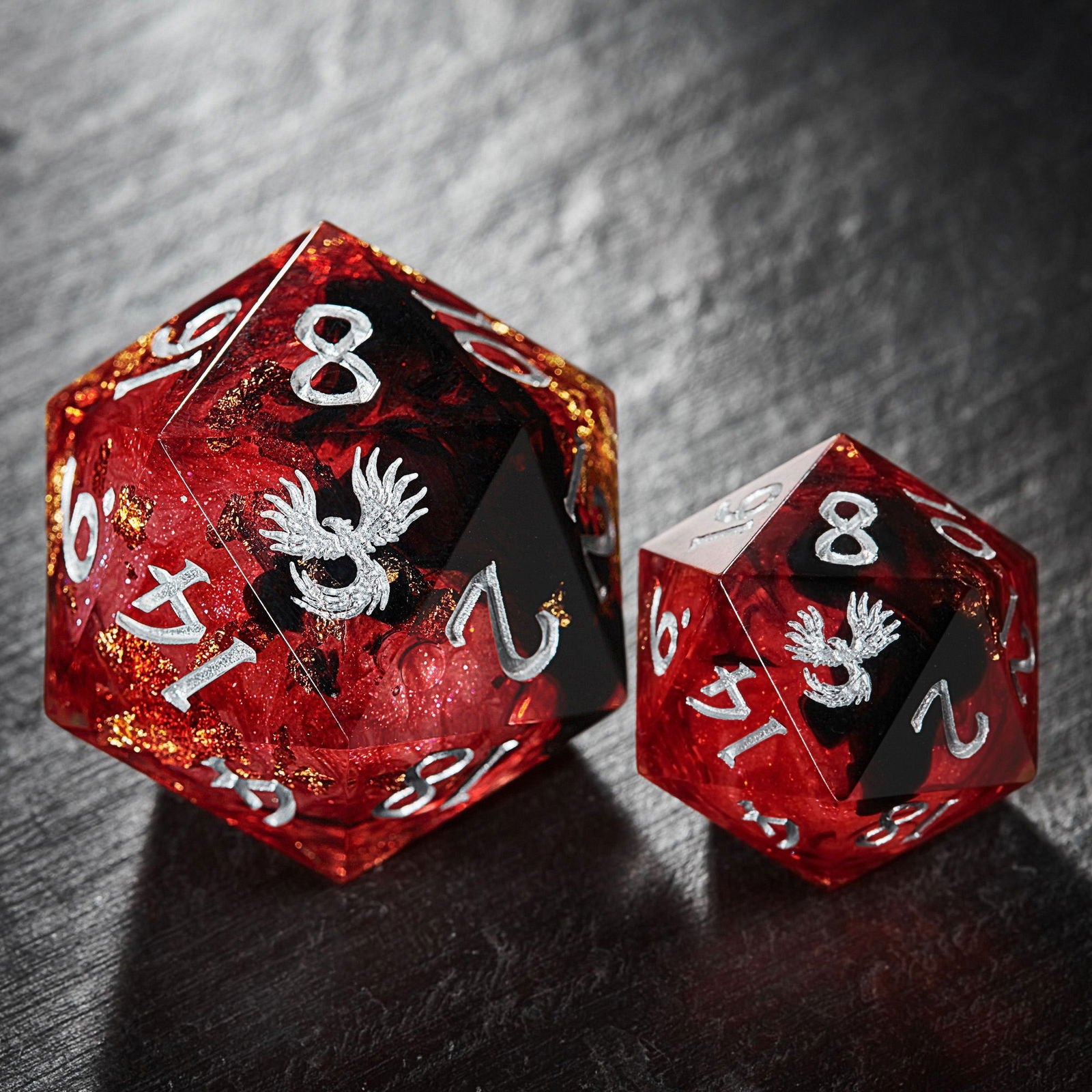 Red Glitter Liquid Core Resin Phoenix DnD D&D Dice Chonk D20 - CrystalMaggie