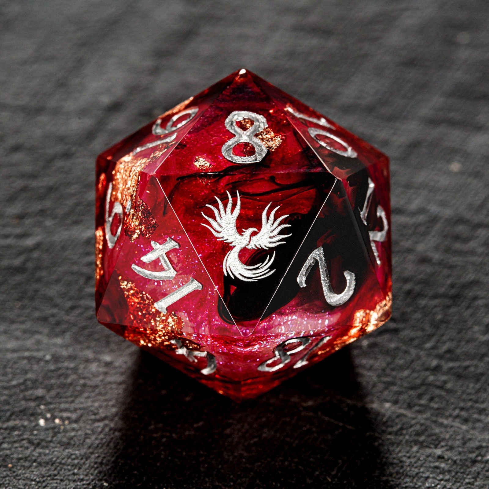 Red Glitter Liquid Core Resin Phoenix DnD D&D Dice Chonk D20 - CrystalMaggie